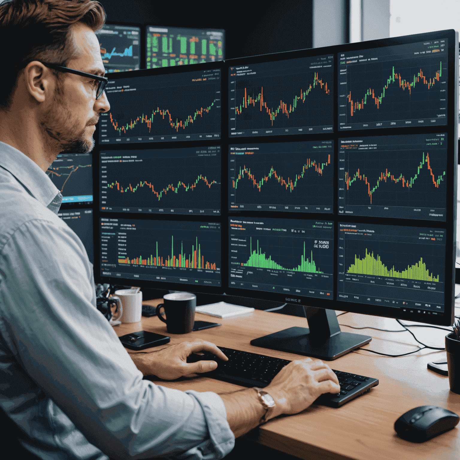 Imagine reprezentând un trader care utilizează o platformă de tranzacționare AI pe un ecran mare, cu grafice și indicatori în prim-plan